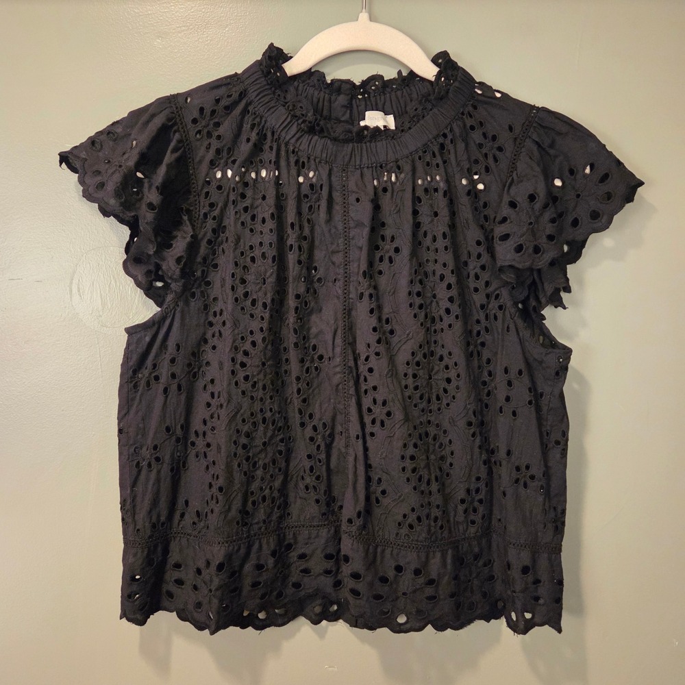 Jennifer & Grace Women's Size M 100% Cotton Flutter Sleeve Eyelet Blouse Black